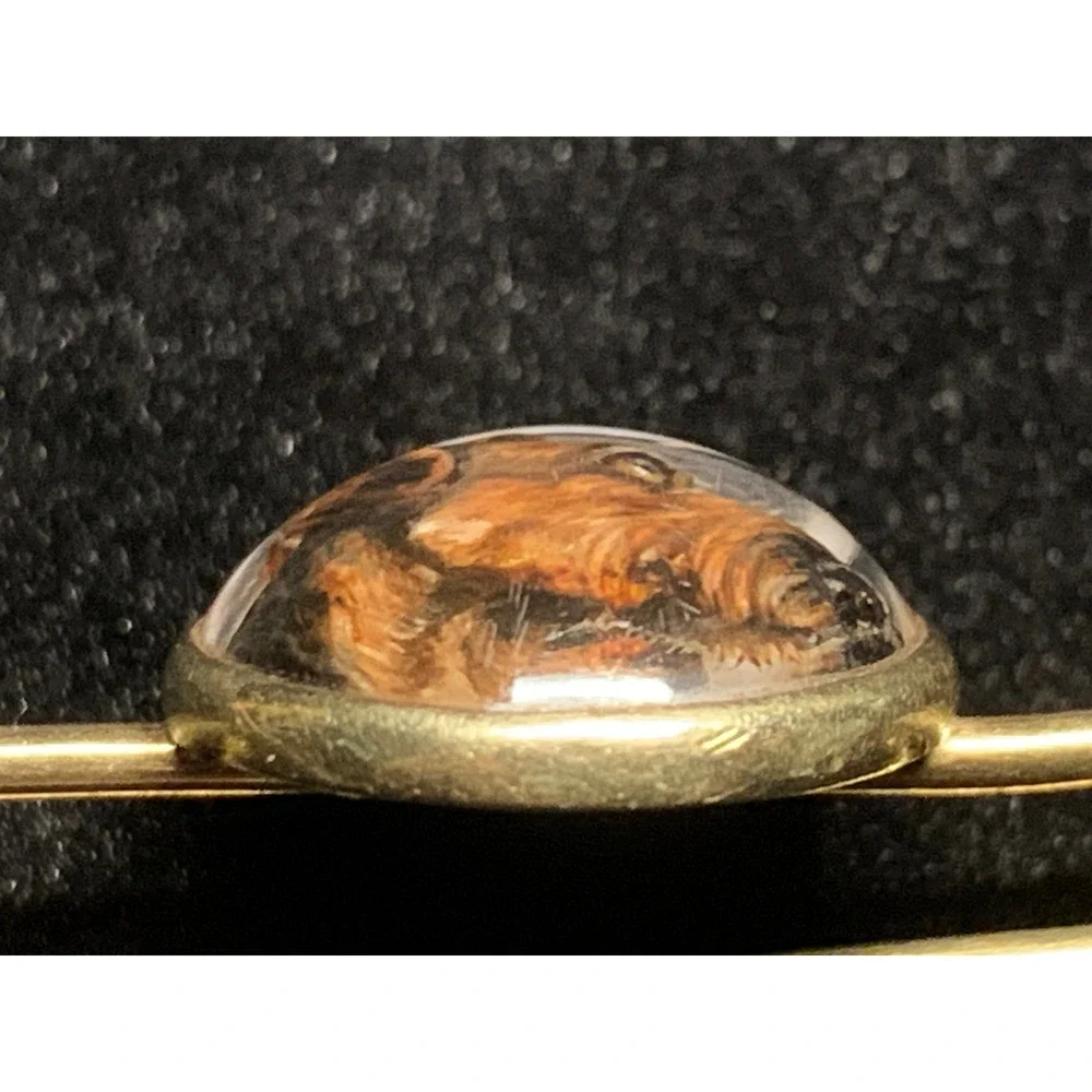 Antique 14K Gold Essex Crystal Airedale Terrier Dog Reverse Intaglio Bar Pin
